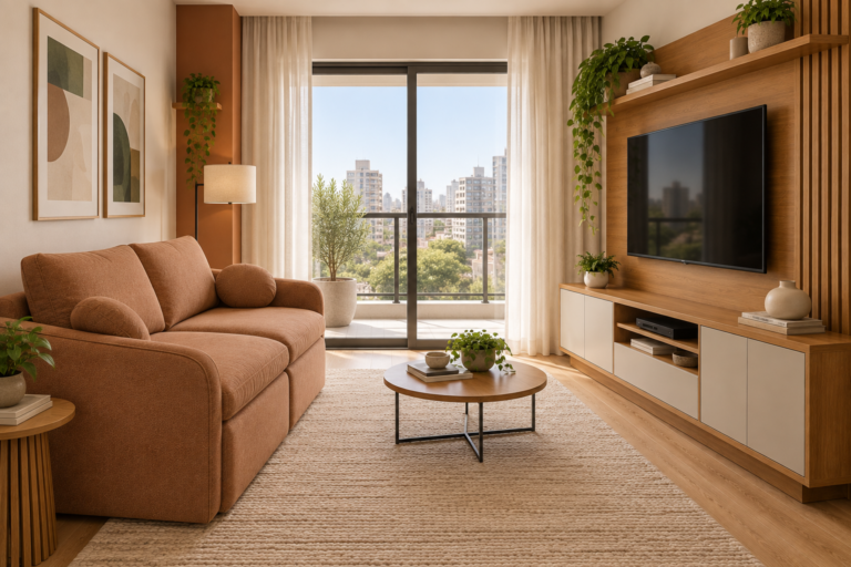 Sala de estar com sofá terracota e painel de TV