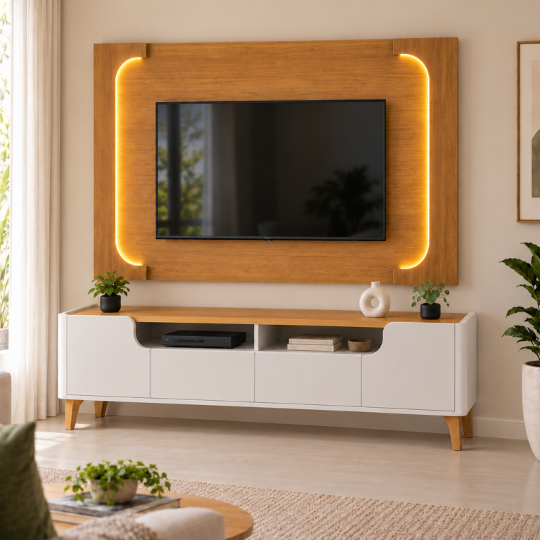 Painel de TV de madeira com LED e rack branco para sala