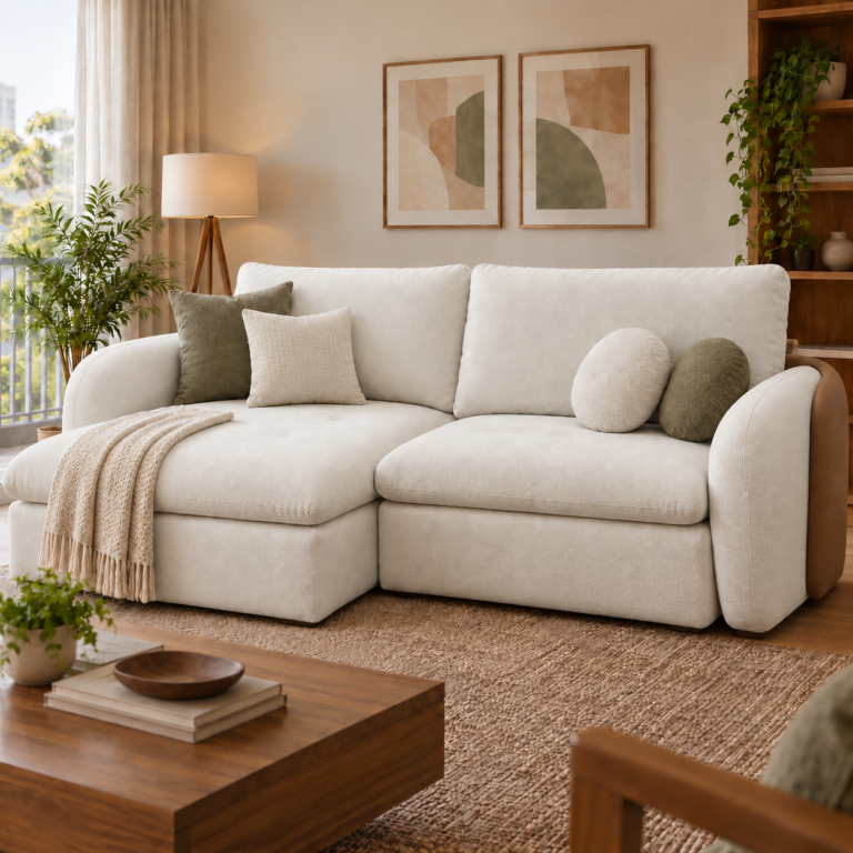 Sofá de canto off-white com chaise e almofadas em sala de estar