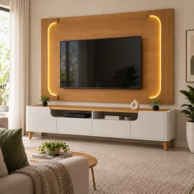 Painel Moon com LED e Rack Flip em sala de TV – Esquenta Black Casa Mais Design