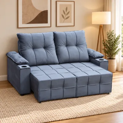 Sofá Miami retrátil azul com porta-copos em sala de estar – Esquenta Black Casa Mais Design